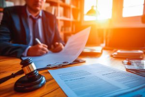 lawyer's desk with gavel and documents, highlighting the importance of public liability insurance