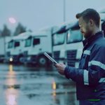 Truck driver checking digital tablet in front of trucking fleet