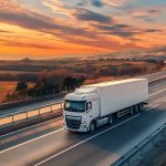 Refrigerated truck on highway, transporting perishables.