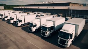 Fleet of insured delivery trucks lined up at a warehouse—ideal for illustrating insurance policies for trucking fleets.