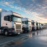 Line of well-maintained freight trucks at sunrise—ideal representation of a cost-efficient, insured trucking fleet.